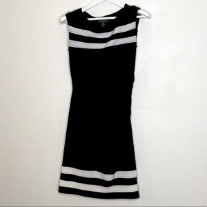 Ralph Lauren Stretchy Black Dress with White Stripes Shirring on One Side Size 8